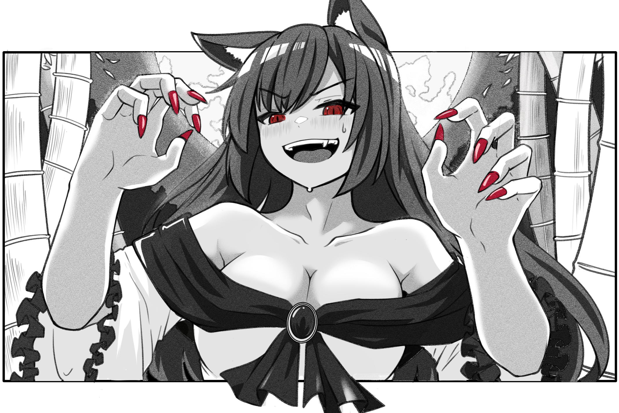 suirium0723, imaizumi kagerou, touhou, highres, 1girl, :d, animal ears, bamboo, bamboo forest, bare shoulders, breasts, cleavage, collarbone, fang, fingernails, forest, full moon, large breasts, long fingernails, long hair, long sleeves, moon, nature, off shoulder, open mouth, outdoors, partially colored, red eyes, red nails, smile, solo, teeth, upper body, upper teeth only, v-shaped eyebrows, wide sleeves, wolf ears, wolf girl