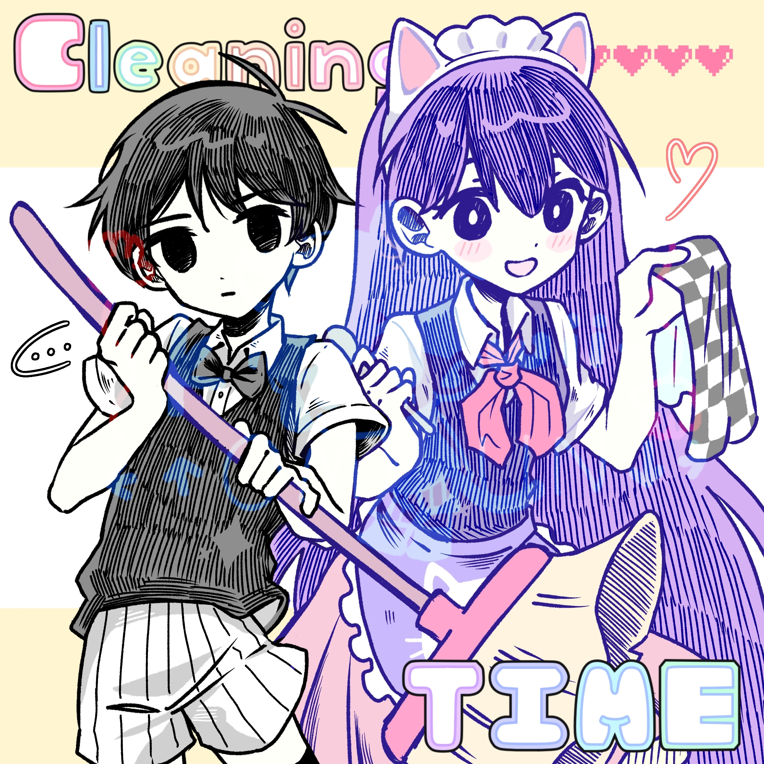 gaks030, mari (headspace) (omori), mari (omori), omori (omori), omori, absurdres, highres, …, 1boy, 1girl, animal ears, antenna hair, apron, black bow, black bowtie, black eyes, black hair, black sweater vest, black thighhighs, blush, bow, bowtie, bright pupils, broom, cat ears, closed mouth, collared shirt, expressionless, fake animal ears, heart, holding, holding broom, looking at viewer, official alternate costume, open mouth, pleated skirt, purple apron, purple eyes, purple hair, purple sweater vest, red skirt, shirt, short hair, short sleeves, shorts, skirt, smile, speech bubble, spoken ellipsis, sweater vest, thighhighs, white pupils, white shirt, white shorts