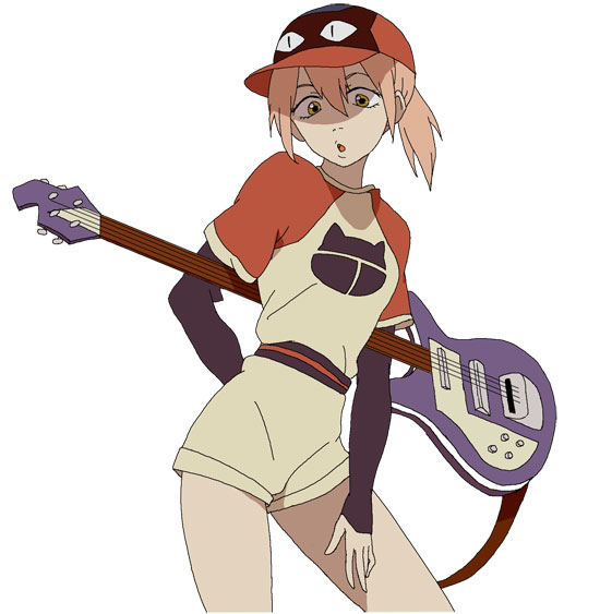 terai, haruhara haruko, flcl, 00s, 1girl, baseball, baseball cap, bass guitar, female focus, guitar, hat, instrument, pink hair, ponytail, raglan sleeves, shorts, simple background, solo, yellow eyes