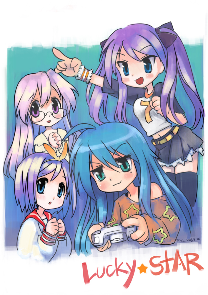 piah, hiiragi kagami, hiiragi tsukasa, izumi konata, takara miyuki, lucky star, 00s, 4girls, ahoge, antenna hair, blue eyes, blue hair, casual, game console, glasses, green eyes, joystick, long hair, mole, mole under eye, multiple girls, pink hair, playing games, purple eyes, purple hair, school uniform, serafuku, short hair, sisters, skirt, thighhighs, twins, twintails, video game, xbox 360, zettai ryouiki