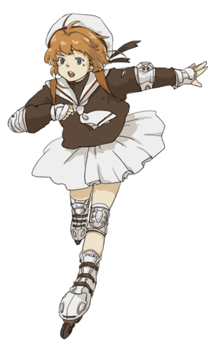 terai, terao (teraisan), kinomoto sakura, cardcaptor sakura, bad id, bad pixiv id, lowres, 1990s (style), 1girl, backpack, bag, brown hair, child, female focus, full body, hat, inline skates, knee pads, randoseru, retro artstyle, roller skates, school uniform, serafuku, short hair, skates, skirt, solo, tomoeda middle school uniform, white hat