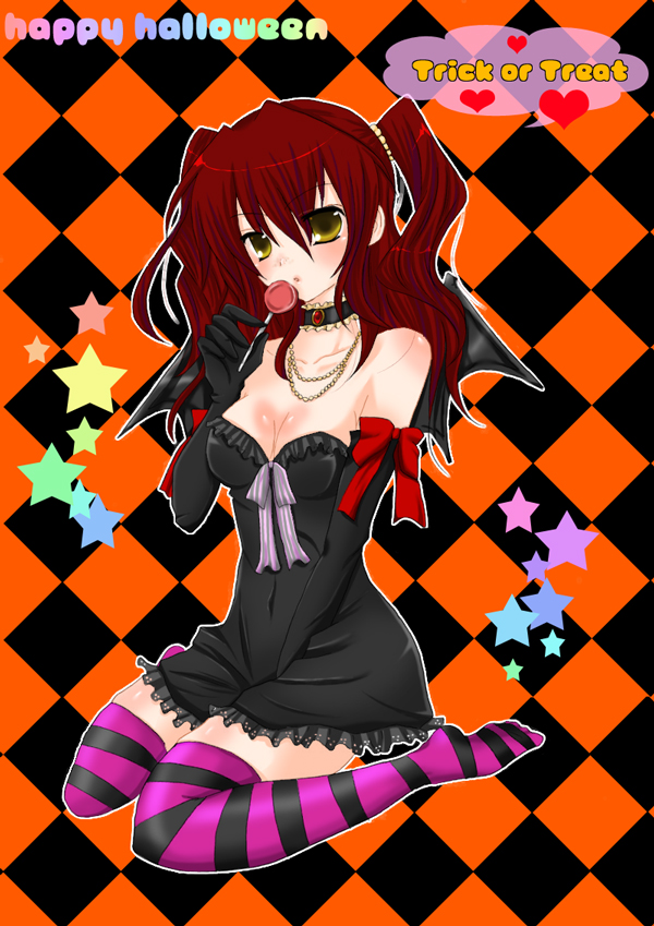 gokugetsu momo, nena trinity, gundam, gundam 00, bad id, bad pixiv id, 00s, 1girl, argyle background, argyle clothes, bat wings, black dress, blush, breasts, candy, choker, cleavage, dress, elbow gloves, female focus, food, freckles, gloves, halloween, happy halloween, jewelry, lollipop, medium breasts, necklace, patterned legwear, purple thighhighs, rainbow order, rainbow text, red hair, sitting, sleeveless, solo, strapless, strapless dress, striped clothes, striped thighhighs, thighhighs, trick or treat, wariza, wings, yellow eyes, zettai ryouiki