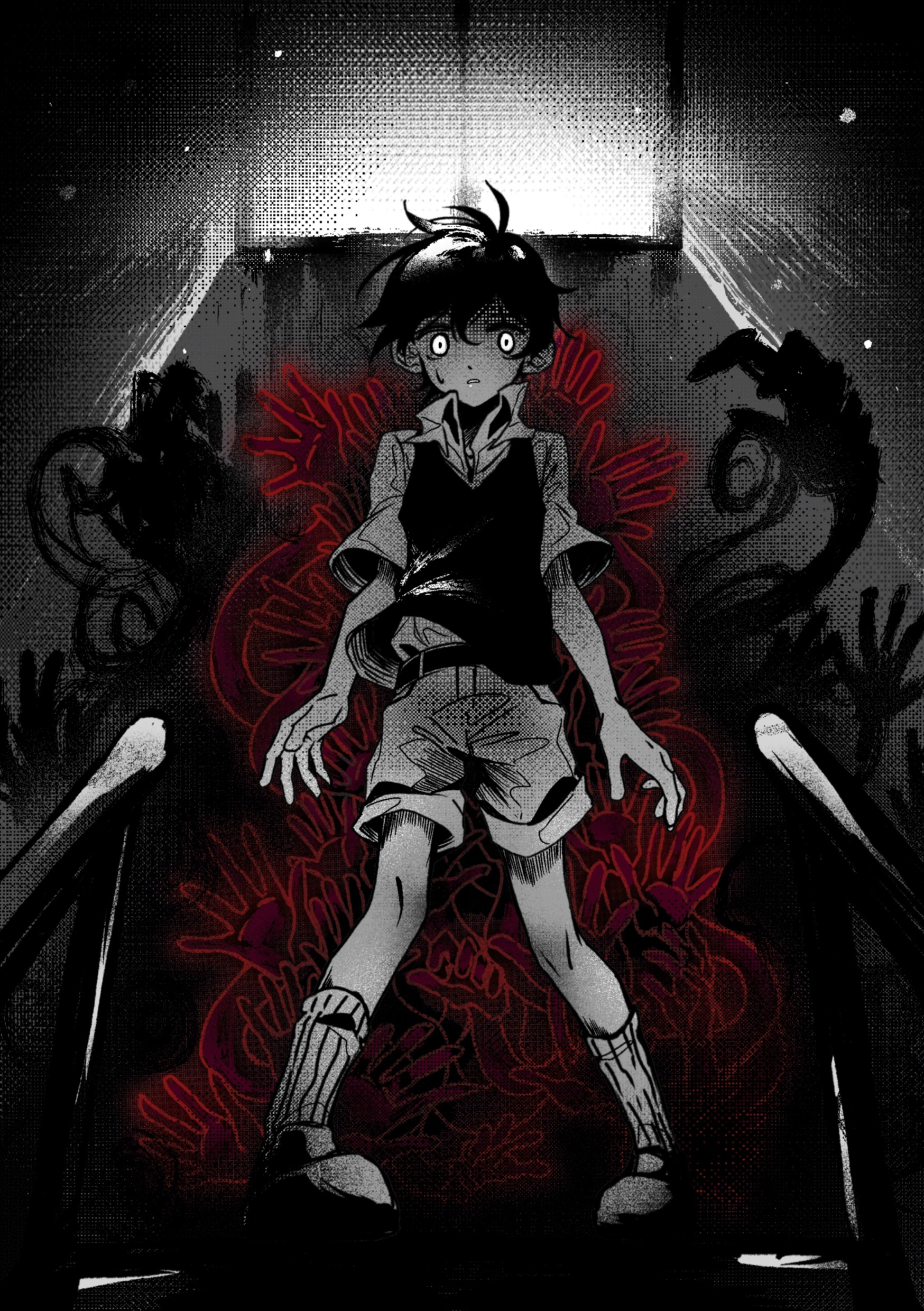 gaks030, sunny (omori), omori, absurdres, highres, 1boy, black hair, black sweater vest, collared shirt, looking at viewer, male focus, official alternate eye color, parted lips, shirt, short hair, short sleeves, shorts, socks, solo, sweatdrop, sweater vest, white eyes, white shirt