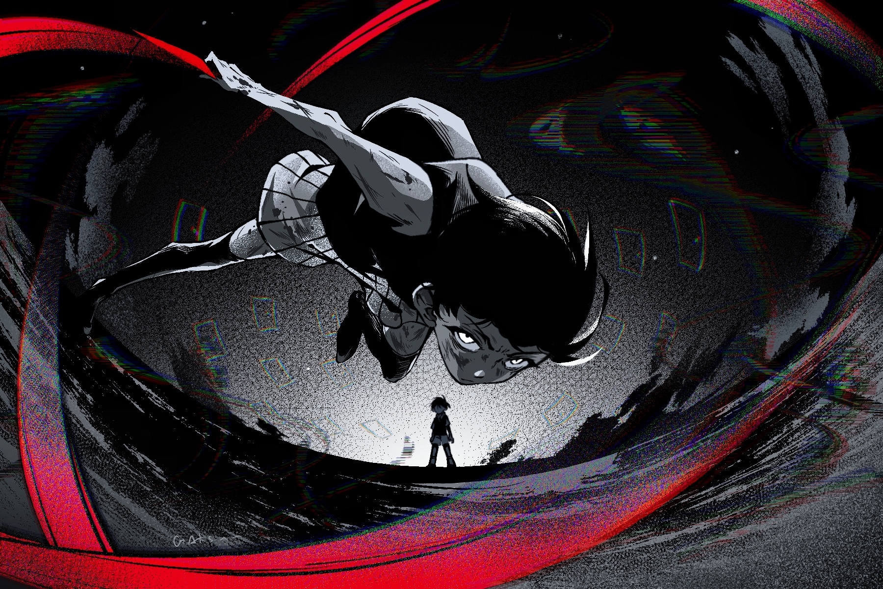 gaks030, omori (omori), something (omori), sunny (omori), omori, highres, spoilers, 2boys, black hair, black tank top, black thighhighs, closed mouth, colored skin, door, expressionless, holding, holding knife, knife, looking at viewer, multiple boys, short hair, shorts, tank top, thighhighs, white eyes, white shorts, white skin
