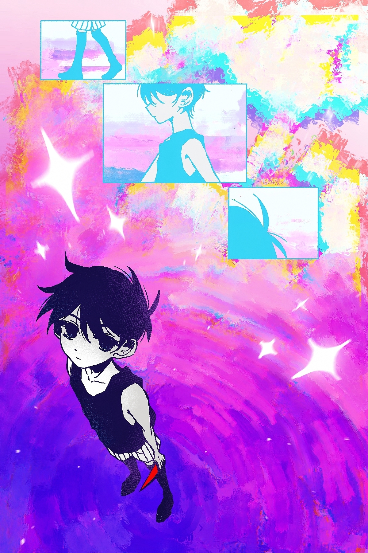 gaks030, omori (omori), omori, highres, 1boy, antenna hair, black eyes, black hair, black tank top, black thighhighs, collarbone, colored skin, holding, holding knife, knife, male focus, short hair, shorts, solo, tank top, thighhighs, white shorts, white skin