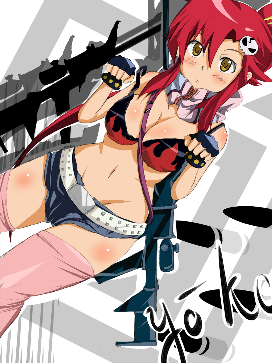 ebibaachan, yoko littner, tengen toppa gurren lagann, bad id, bad pixiv id, highres, 00s, 1girl, anti-materiel rifle, bikini, bikini top only, breasts, cleavage, elbow gloves, female focus, gloves, gun, large breasts, long hair, ponytail, red hair, rifle, scarf, short shorts, shorts, sniper rifle, solo, swimsuit, thighhighs, weapon, yellow eyes