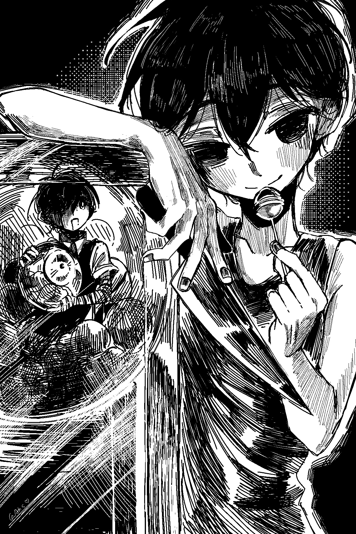 gaks030, omori (omori), sunny (omori), omori, highres, 2boys, antenna hair, candy, closed mouth, collarbone, food, greyscale, gumball machine, holding, holding candy, holding food, holding lollipop, lollipop, looking at viewer, male focus, monochrome, multiple boys, short hair, smile, tank top
