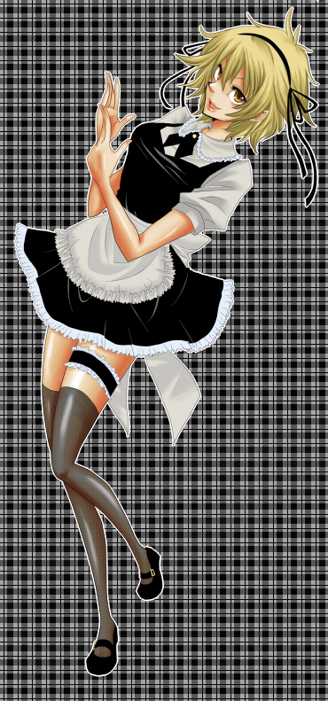 saku tsuki arata, atoli, atoli (.hack//), .hack//, .hack//g.u., .hack//games, bandai, cyber connect 2, bad id, bad pixiv id, 00s, 1girl, alternate costume, blonde hair, enmaided, female focus, frilled thigh strap, maid, short hair, solo, thigh strap, thighhighs, yellow eyes, zettai ryouiki