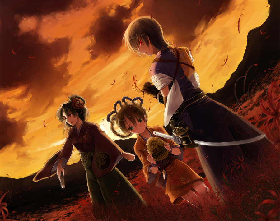 itsuki (s2 129), anastasia (shadow hearts), inugami kurando, inugami saki, saki inugami, shadow hearts, shadow hearts ii, kurando, 1boy, 2girls, age difference, alternate costume, black hair, braid, breasts, brown hair, closed mouth, cloud, facing viewer, field, flower, flower field, gloves, glowing, glowing eyes, green eyes, hair flower, hair ornament, half-closed eyes, hands up, happy, height difference, holding, japanese clothes, katana, kimono, long hair, long sleeves, looking at viewer, looking back, looking down, looking to the side, mature female, mother and son, multiple girls, orange kimono, orange sky, outdoors, outstretched arm, purple kimono, red eyes, serious, sky, smile, standing, sunset, sword, twin braids, weapon, wide sleeves, wind, yukata