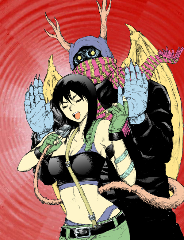 ui roo, haru (dorohedoro), dorohedoro, bad id, bad pixiv id, 1girl, antlers, belt, demon wings, gloves, hood, horns, microphone, midriff, music, scarf, singing, strapless, tail, tube top, wings