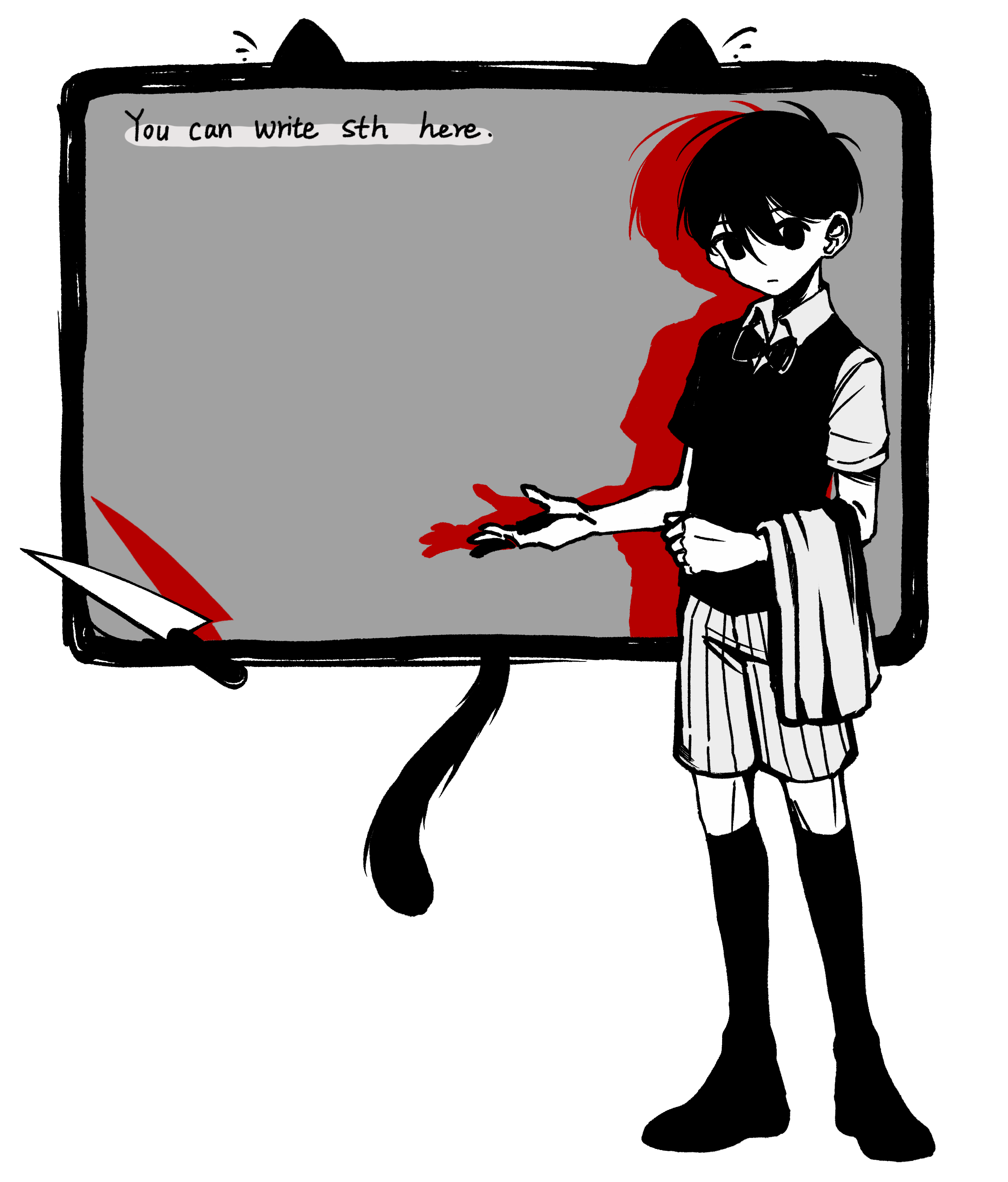 gaks030, omori (omori), omori, absurdres, highres, 1boy, antenna hair, black bow, black bowtie, black eyes, black hair, black thighhighs, bow, bowtie, colored skin, knife, male focus, official alternate costume, short hair, shorts, solo, standing, template, thighhighs, transparent background, white shorts, white skin