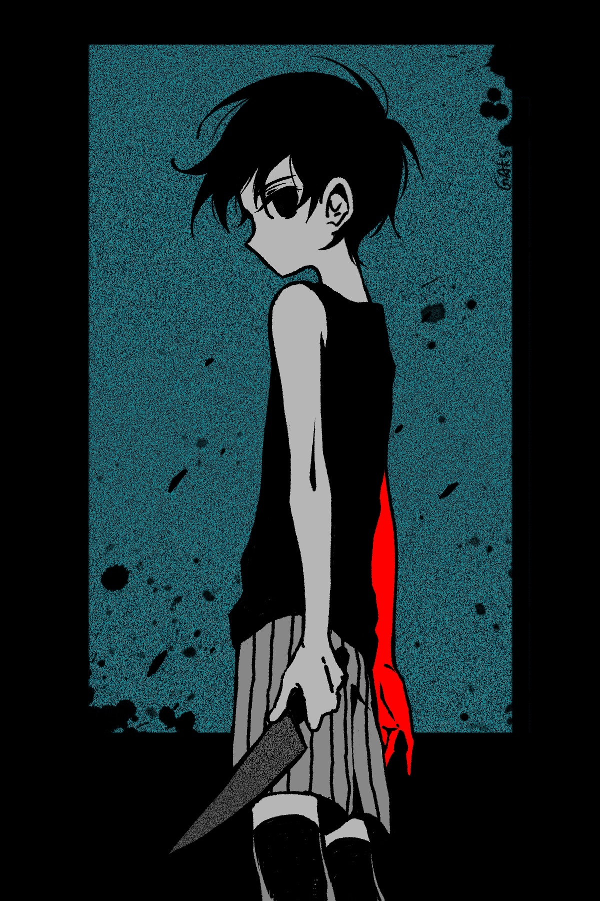 gaks030, omori (omori), omori, highres, 1boy, antenna hair, cowboy shot, greyscale, holding, holding knife, kneehighs, knife, looking at viewer, male focus, monochrome, no mouth, short hair, socks, solo, spot color, tank top