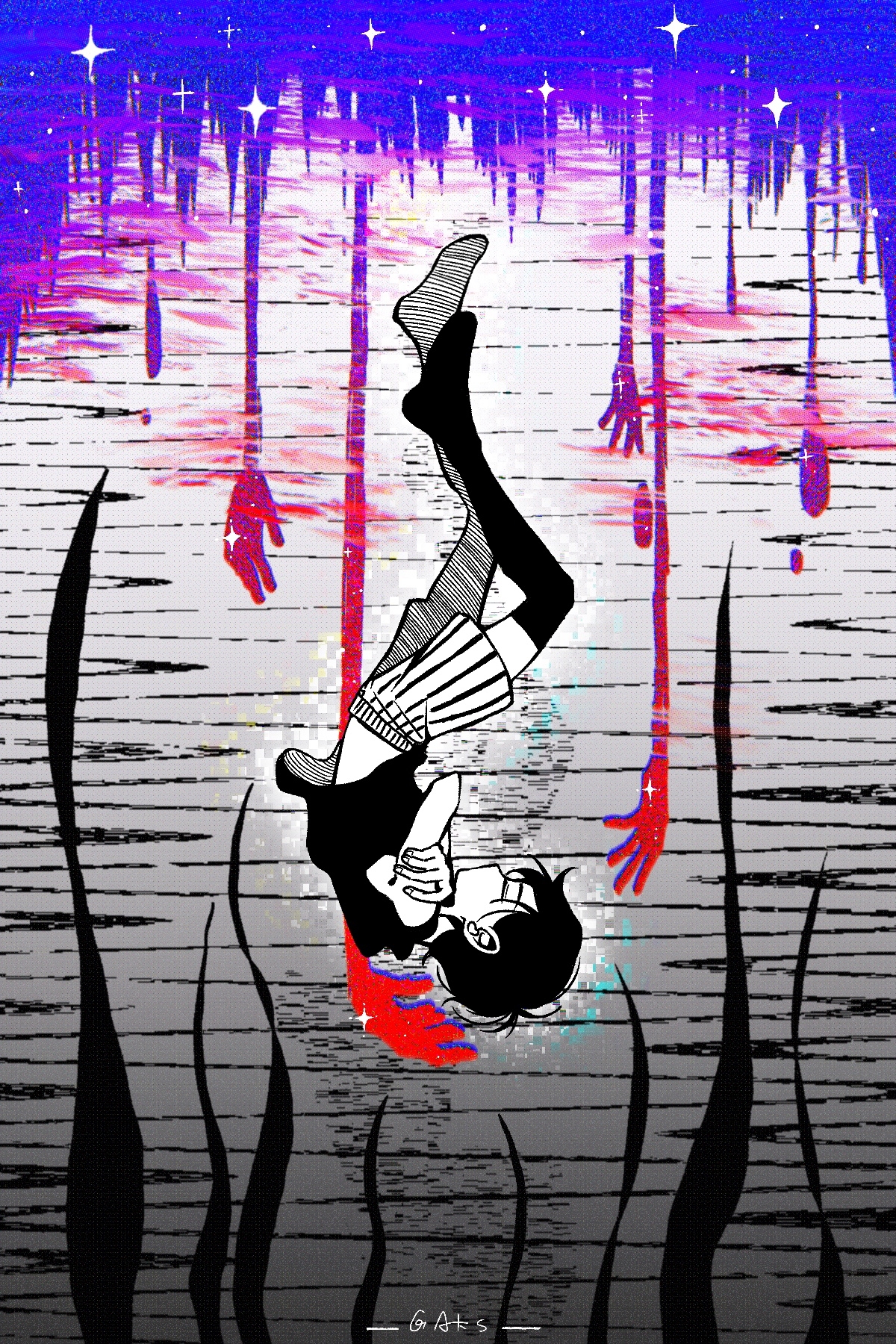 gaks030, omori (omori), omori, highres, 1boy, black hair, black tank top, black thighhighs, closed eyes, colored skin, crossed arms, male focus, shorts, solo, something in the water (omori), tank top, thighhighs, upside-down, white skin