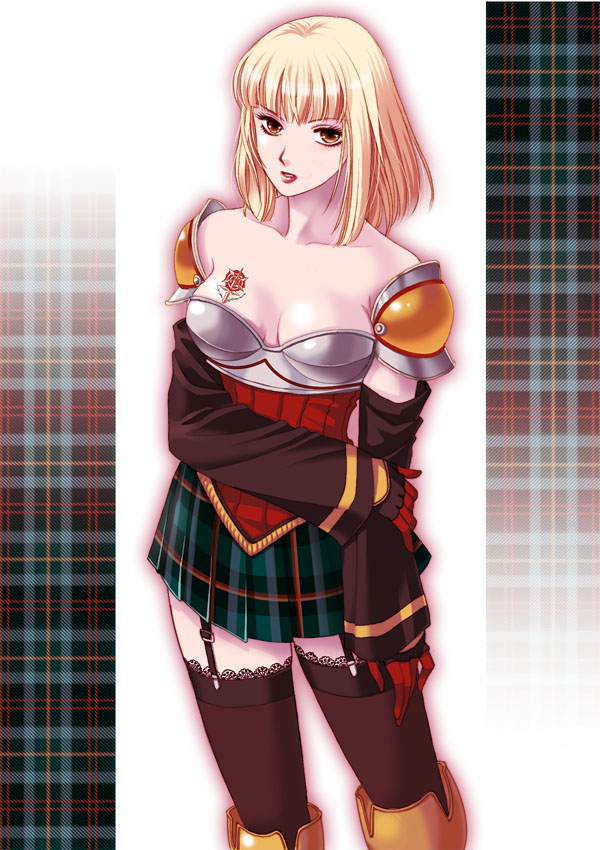 maronee san, samantha, vagrant story, armor, black thighhighs, blonde hair, breasts, brown eyes, cleavage, detached sleeves, flower, garter straps, gloves, plaid background, plaid clothes, plaid skirt, rose, short hair, skirt, solo, tattoo, thighhighs, zettai ryouiki