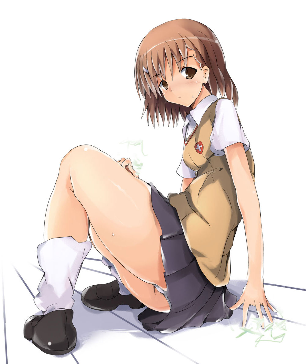 usugiri bacon, misaka mikoto, toaru majutsu no index, 00s, brown hair, electricity, electrokinesis, panties, pantyshot, school uniform, serafuku, short hair, skirt, solo, underwear, white panties