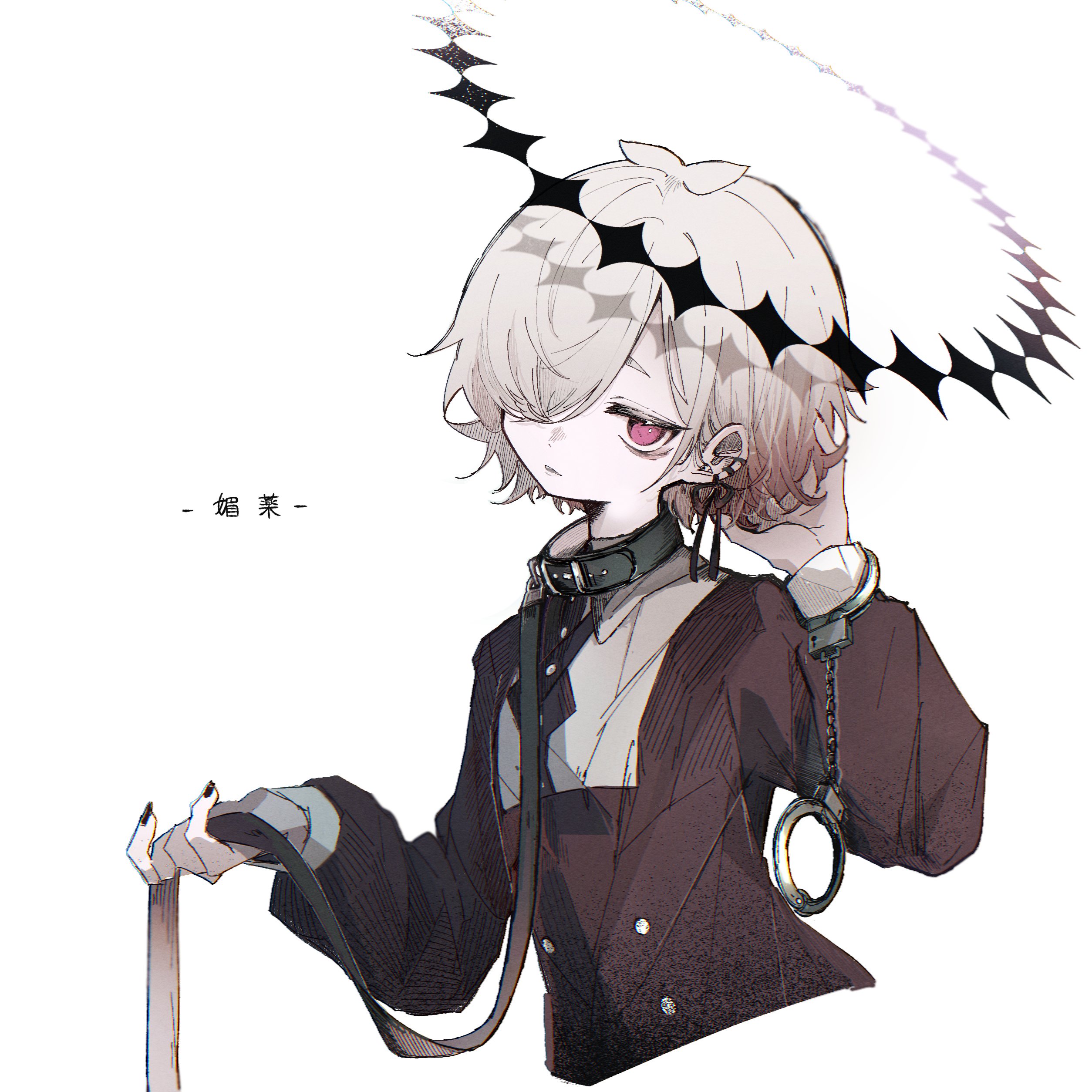 kokonama, kazehiki (utau), utau, absurdres, highres, 1boy, animal collar, collar, cuffs, ear piercing, expressionless, grey hair, hair over one eye, halo, hand in own hair, handcuffs, holding own leash, leash, looking at viewer, male focus, piercing, pink eyes, short hair, simple background, solo, upper body, white background