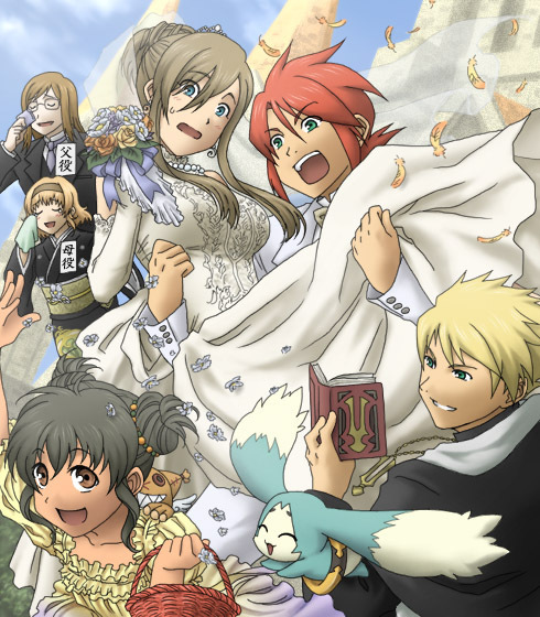tempyou kango, anise tatlin, guy cecil, jade curtiss, luke fon fabre, mieu (tales), natalia luzu kimlasca lanvaldear, tear grants, tales of (series), tales of the abyss, md5 mismatch, translated, 00s, 3boys, 3girls, black hair, blonde hair, blue eyes, book, bouquet, brown eyes, brown hair, dress, flower, formal clothes, glasses, green eyes, hairband, japanese clothes, kimono, long hair, multiple boys, multiple girls, red hair, short hair, smile, suit, twintails, wedding, wedding dress
