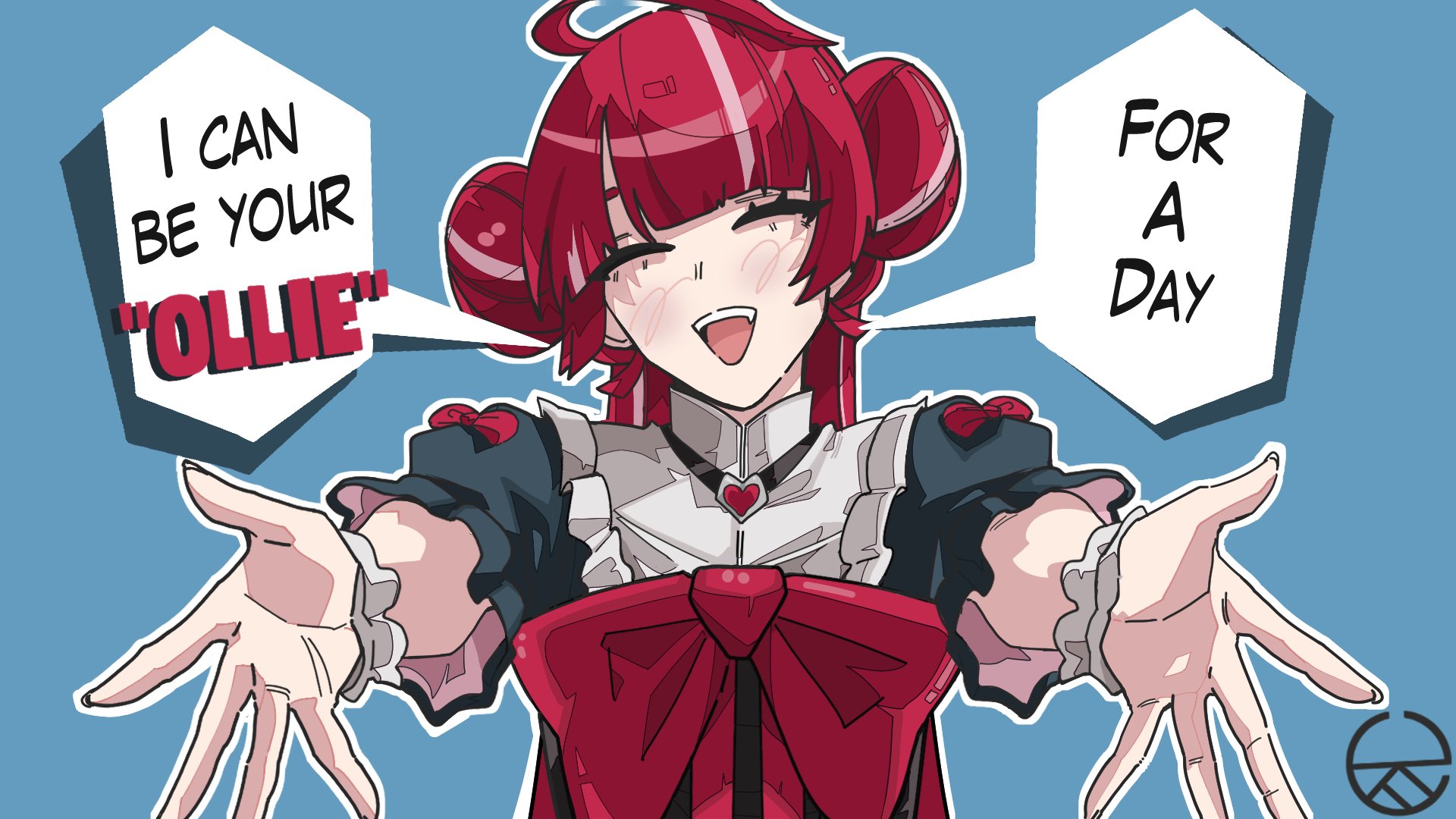 kureiji ollie, olivia (kureiji ollie), hololive, hololive indonesia, highres, 1girl, atziid69, colored skin, double bun, dress, english text, hair bun, multicolored hair, multicolored skin, open mouth, outstretched arms, pink hair, red hair, simple background, solo, virtual youtuber