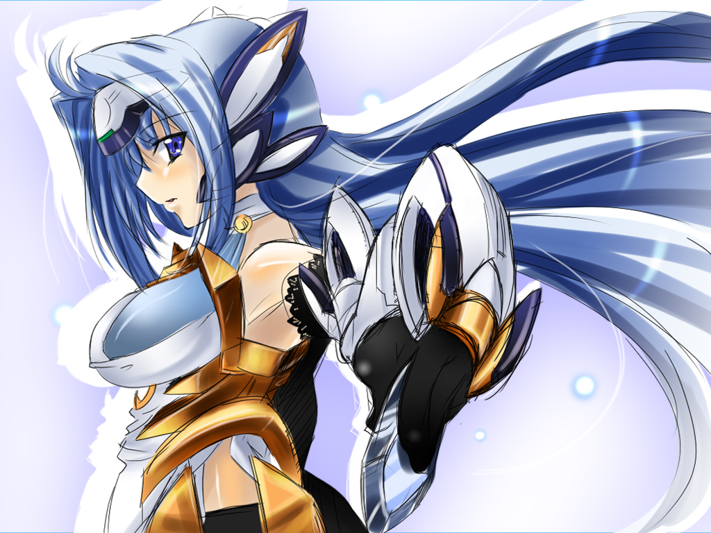 iga tamaki, kos-mos, kos-mos ver. 4, xenosaga, xenosaga episode iii, 00s, 1girl, android, blue eyes, elbow gloves, female focus, gloves, long hair, solo