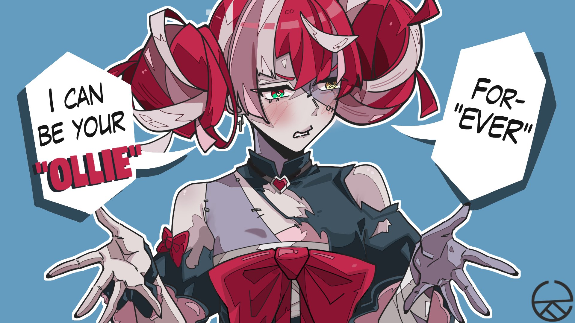 kureiji ollie, kureiji ollie (1st costume), hololive, hololive indonesia, highres, 1girl, atziid69, blush, bow, colored skin, double bun, dress, english text, grey hair, grey skin, hair bow, hair bun, heterochromia, looking at viewer, multicolored hair, open mouth, patchwork skin, pink hair, red hair, simple background, solo, stitched face, stitches, torn clothes, virtual youtuber, yellow eyes, zombie