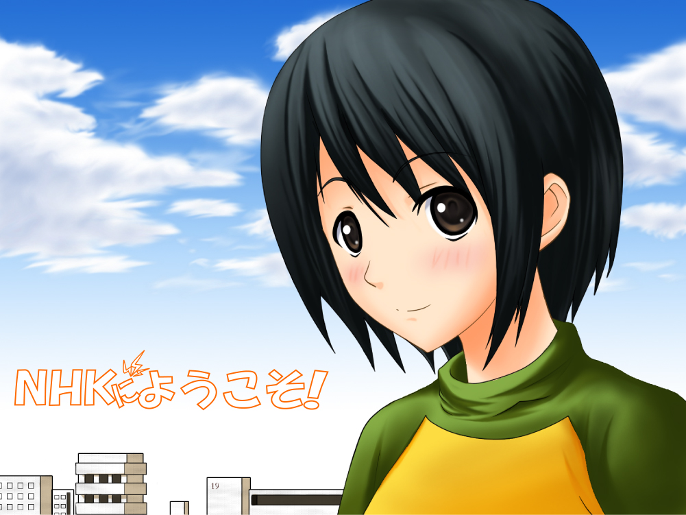 farce, nakahara misaki, nhk ni youkoso!, 00s, black hair, blush, bob cut, brown eyes, raglan sleeves, short hair, smile, solo