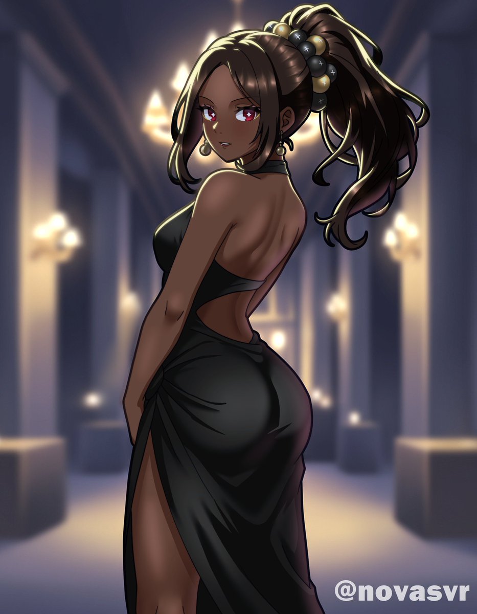 novasvr, timerra (fire emblem), fire emblem, fire emblem engage, nintendo, commentary, english commentary, highres, 1girl, alternate costume, ass, backless dress, backless outfit, bare shoulders, black dress, breasts, brown hair, dark-skinned female, dark skin, dress, earrings, hair ornament, high ponytail, jewelry, long hair, looking at viewer, parted lips, pearl hair ornament, ponytail, red eyes, smile, solo, star-shaped pupils, star (symbol), symbol-shaped pupils, very dark skin