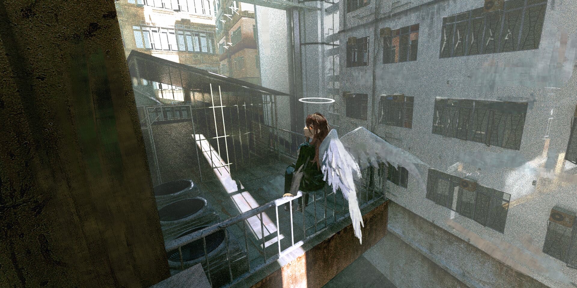 sisou, angel devil (chainsaw man), chainsaw man, commentary request, highres, 1boy, angel, angel wings, black jacket, black pants, building, faux traditional media, formal clothes, from behind, halo, jacket, long hair, looking at viewer, looking back, on railing, orange eyes, outdoors, painterly, pants, railing, red hair, sitting, suit, suit jacket, sunlight, traditional halo, white wings, wings