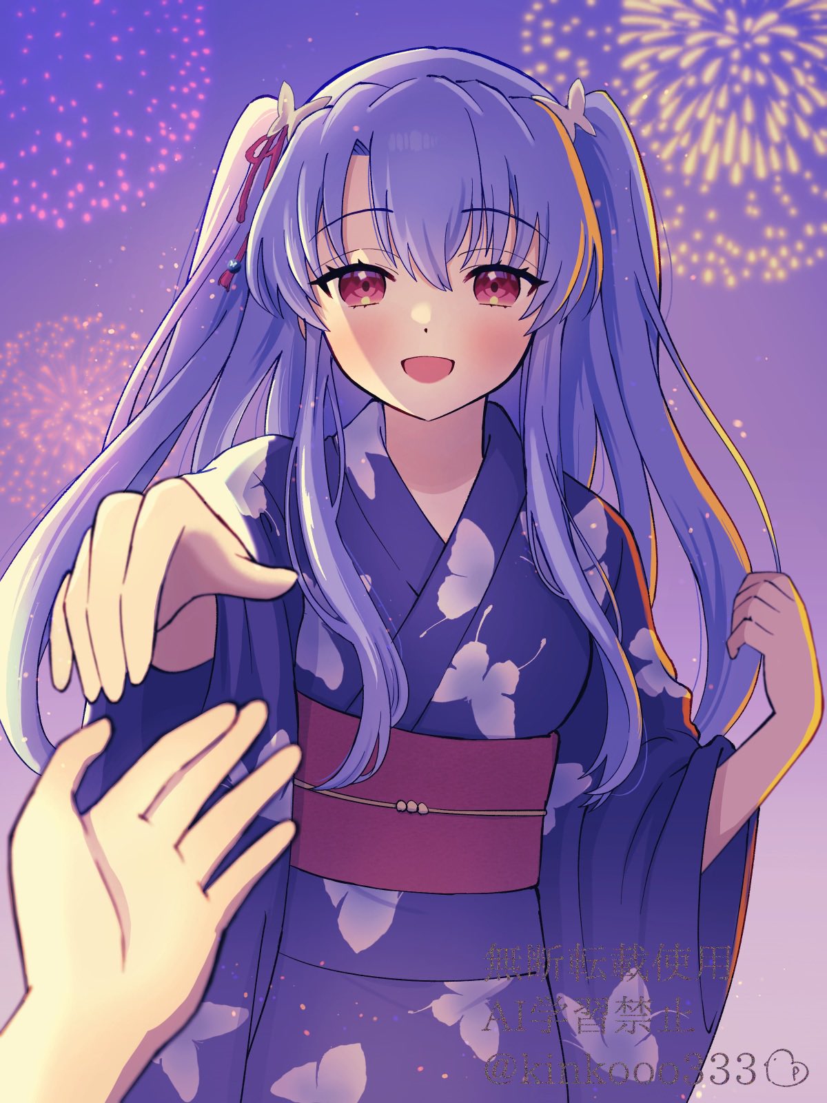 piyo (kinkooo333), sorakado ao, summer pockets, commentary request, highres, 1girl, 1other, :d, aerial fireworks, alternate costume, alternate hairstyle, animal print, backlighting, blue hair, blue kimono, blurry, blush, braid, butterfly print, cowboy shot, crown braid, depth of field, eyelashes, fireworks, hair between eyes, hair ribbon, hands up, happy, imminent hand holding, japanese clothes, kimono, long hair, long sleeves, looking at viewer, night, open mouth, outdoors, pov, pov hands, print kimono, reaching, reaching towards viewer, red eyes, red ribbon, red sash, ribbon, sash, sidelocks, smile, solo focus, straight hair, summer festival, tsurime, twitter username, two side up, very long hair, watermark, wide sleeves, yukata