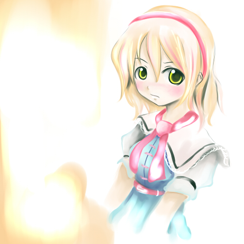 cla, alice margatroid, touhou, lowres, 1girl, blonde hair, dress, female focus, gradient background, hairband, short hair, solo, white background, yellow eyes