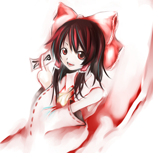 cla, hakurei reimu, touhou, lowres, 1girl, bow, brown hair, detached sleeves, female focus, gradient background, hair bow, japanese clothes, miko, ofuda, red eyes, ribbon, smile, solo, white background