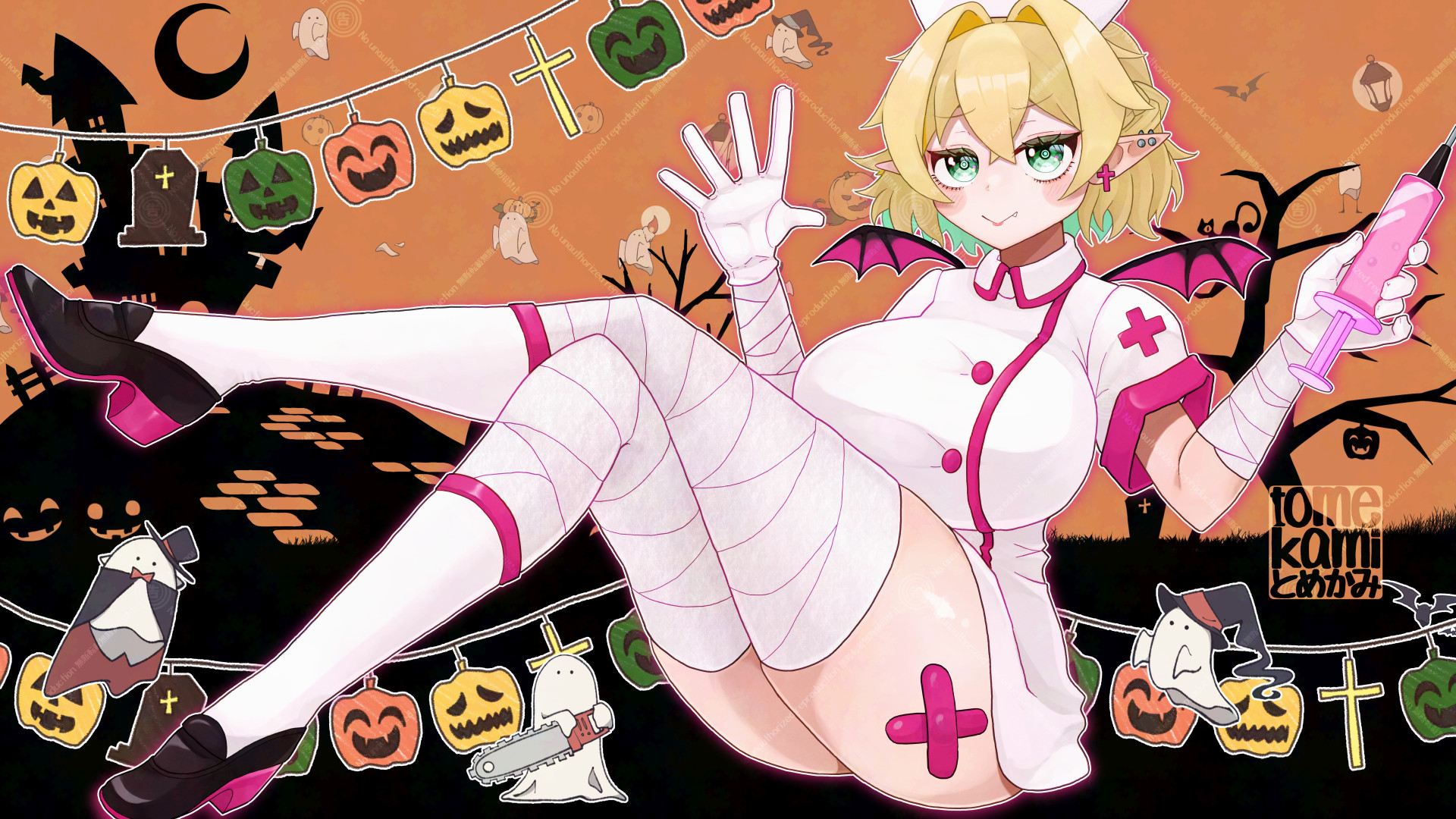 tomekami, mizuhashi parsee, touhou, commentary, english commentary, highres, 1girl, alternate costume, bandaged arm, bandages, blonde hair, breasts, chainsaw, closed mouth, crescent moon, cross, cross earrings, crossed bandaids, dress, earrings, fang, fang out, full body, ghost, gloves, green eyes, hair intakes, halloween, hat, holding, holding syringe, jack-o'-lantern, jewelry, large breasts, looking at viewer, moon, nurse, nurse cap, orange background, pointy ears, purple wings, short dress, short hair, short sleeves, sitting, smile, stud earrings, syringe, thighhighs, tombstone, watermark, watermark grid, white dress, white gloves, wings