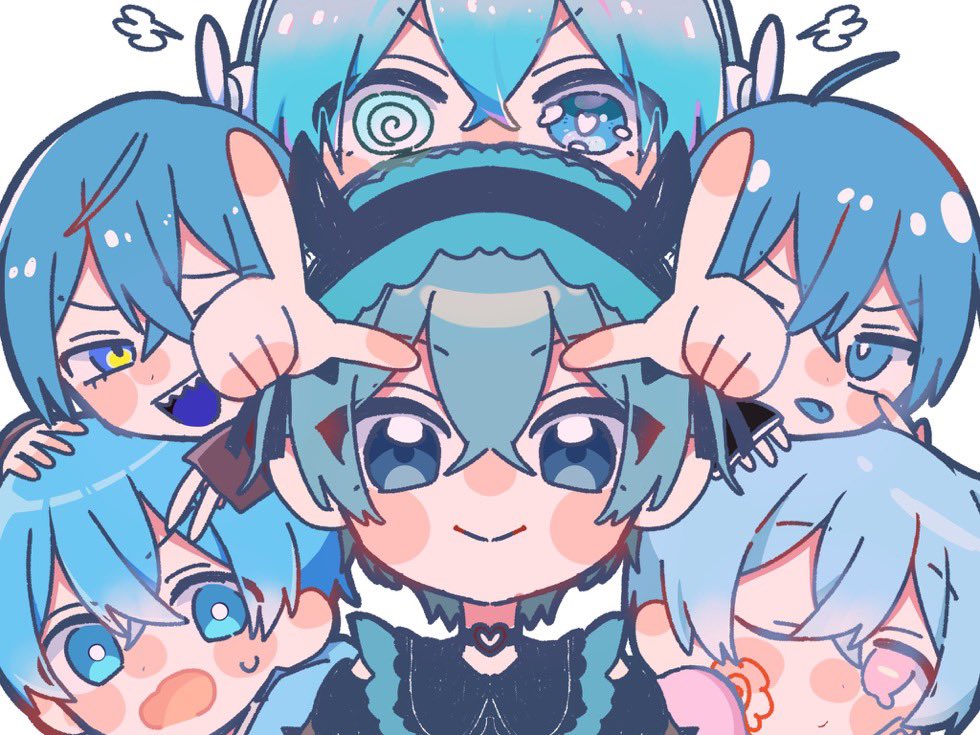 colon (stpri), strawberry prince, 1boy, ahoge, black headband, blue eyes, blue hair, blue tongue, blush, blush stickers, choker, closed mouth, colored tongue, fake horns, hair between eyes, headband, heart, heart choker, horns, l hand, looking at viewer, male focus, mashu 0528, multiple views, nose blush, one eye closed, open mouth, sharp teeth, short hair, simple background, sketch, smile, teeth, tongue, tongue out, white background