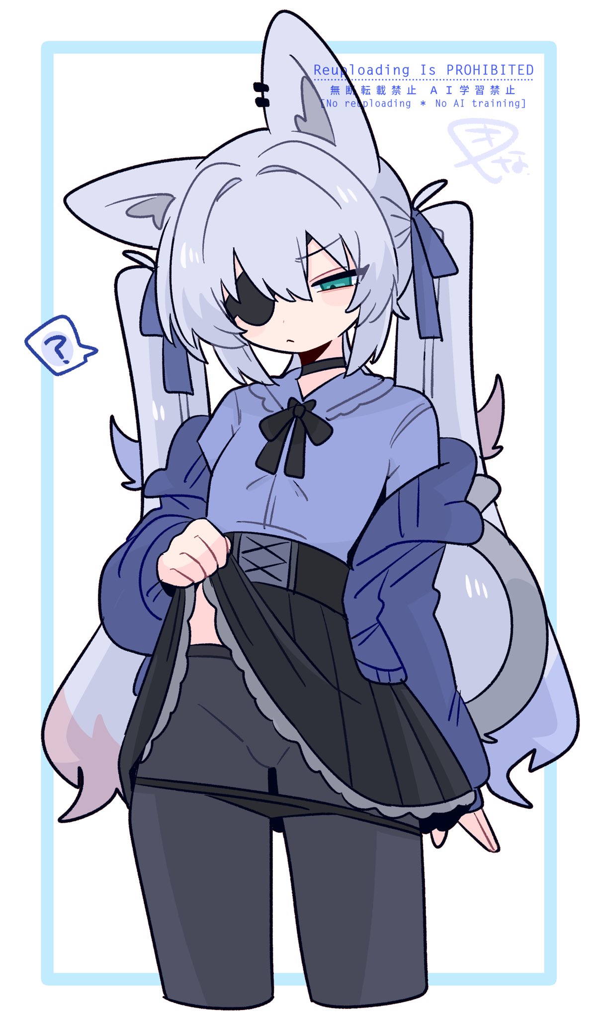 op na yarou, original, commentary, english commentary, highres, 1boy, ?, animal ear fluff, animal ear piercing, animal ears, black bow, black bowtie, black choker, black panties, black pantyhose, black skirt, blue bow, blue cardigan, blue eyes, blue shirt, bow, bowtie, cardigan, choker, clothes lift, cowboy shot, crossdressing, crossdressing (mtf), dot nose, eyepatch, frown, grey tail, hair between eyes, hair bow, high-waist skirt, light blush, long hair, long sleeves, looking down, midriff peek, miniskirt, off-shoulder sweater, off shoulder, open cardigan, open clothes, panties, panties over pantyhose, panty pull, pantyhose, pleated skirt, puffy sleeves, purple hair, rigel (op na yarou), shirt, sidelocks, simple background, skirt, skirt lift, solo, speech bubble, spoken question mark, standing, sweater, tail, trap, twintails, underwear, very long hair, watermark, white background
