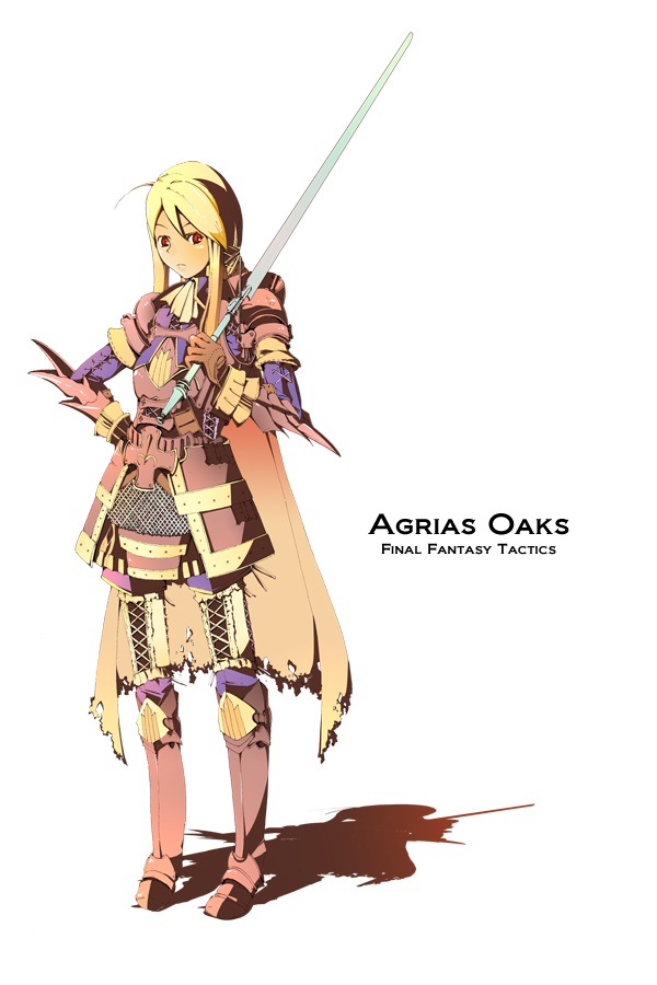 kktyoshi, pupupu, agrias oaks, final fantasy, final fantasy tactics, 1girl, armor, blonde hair, braid, cape, female focus, full body, gloves, knight, red eyes, single braid, solo, sword, weapon