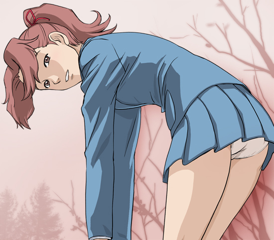 haruyama kazunori, tanokura miyuki, kaze no yojimbo, 00s, bent over, brown eyes, brown hair, looking back, panties, pantyshot, ponytail, school uniform, serafuku, smile, solo, underwear, white panties
