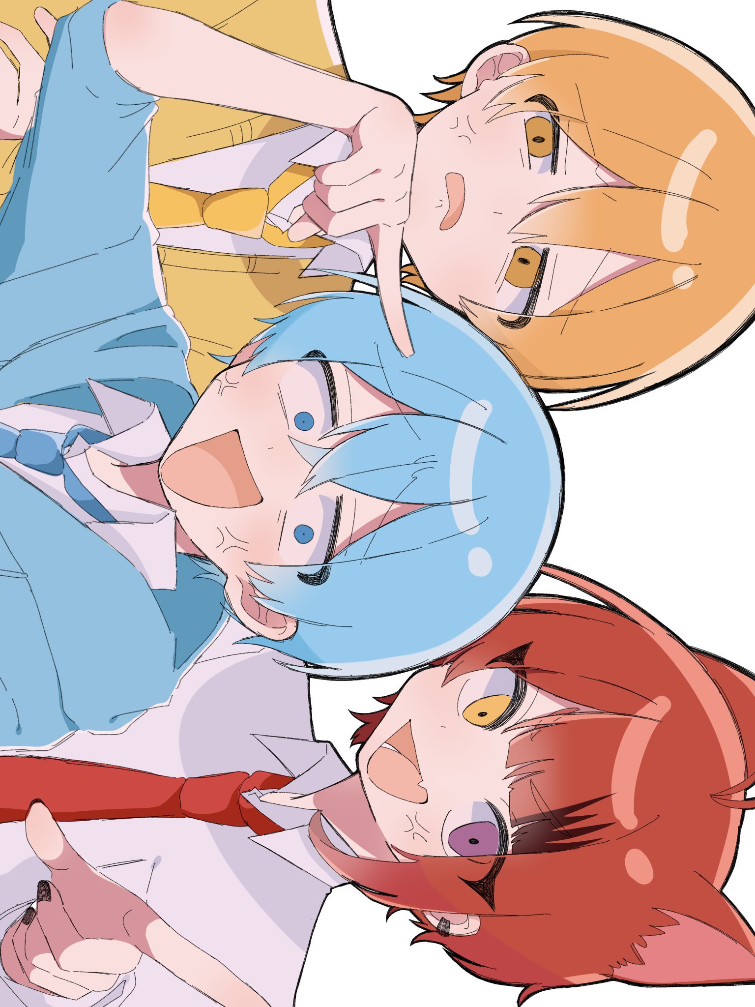 colon (stpri), rinu (stpri), root (stpri), strawberry prince, highres, 3boys, anger vein, arm up, blonde hair, blue eyes, blue hair, blue jacket, blue necktie, cardigan, frown, hair between eyes, heterochromia, index finger raised, jacket, looking at viewer, male focus, mashu 0528, multiple boys, necktie, open mouth, pointing, pointing at self, pointing at viewer, red hair, red necktie, shirt, short hair, sideways, simple background, smile, upper body, white background, white shirt, yellow cardigan, yellow eyes, yellow necktie