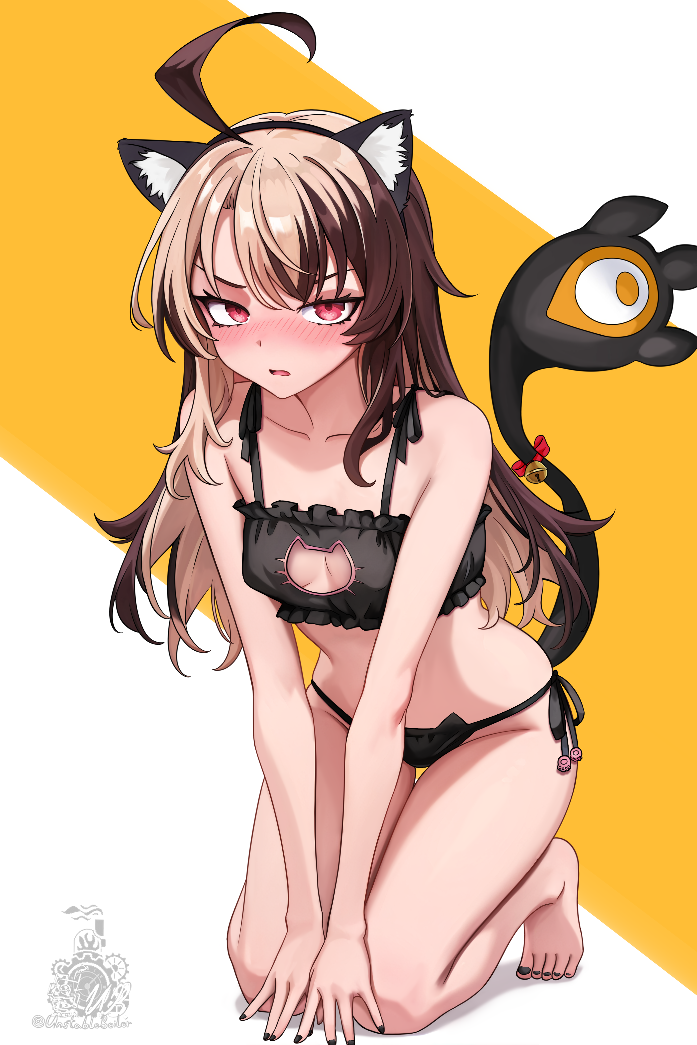 unstableboiler, gigi murin, hololive, hololive english, absurdres, commentary, english commentary, highres, 1girl, ahoge, alternate hairstyle, animal ear hairband, animal ears, barefoot, black bra, black nails, blonde hair, blush, bra, breasts, brown hair, cat cutout, cat ear hairband, cat ear panties, cat ears, cat lingerie, cleavage, cleavage cutout, clothing cutout, fake animal ears, frilled bra, frills, full body, hairband, kneeling, long hair, looking at viewer, multicolored hair, nail polish, nose blush, open mouth, panties, pink eyes, side-tie panties, sidelocks, simple background, small breasts, solo, tail, thigh gap, toenail polish, toenails, two-tone background, two-tone hair, underwear, underwear only, virtual youtuber, white background, yellow background