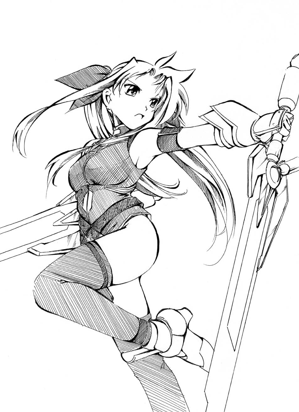 jason (kaiten kussaku kikou), bardiche (nanoha), bardiche (riot zanber stinger) (nanoha), fate testarossa, fate testarossa (true sonic form), lyrical nanoha, mahou shoujo lyrical nanoha, mahou shoujo lyrical nanoha strikers, highres, 00s, 1girl, female focus, greyscale, monochrome, solo, sword, thighhighs, weapon
