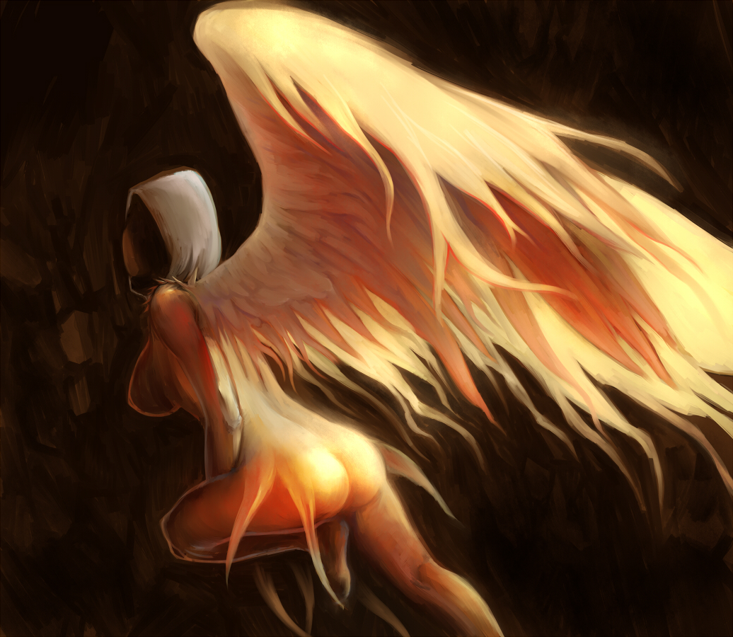 shibafu no atama, dark souls (series), dark souls ii, commentary request, 1girl, ass, breasts, brown background, darklurker, faceless, faceless female, feathered wings, foot out of frame, from behind, grey hood, hood, hood up, large breasts, nude, solo, white wings, wings