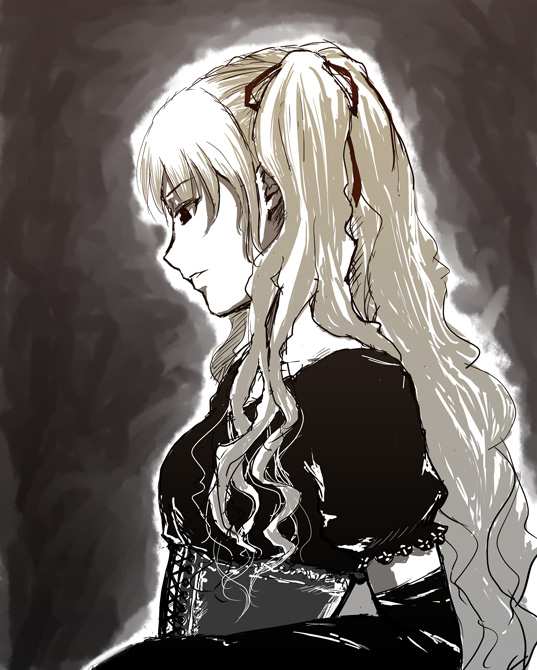 amazawa kazumi, 1girl, black theme, elbow gloves, female focus, gloves, gothic lolita, lolita fashion, solo, twintails