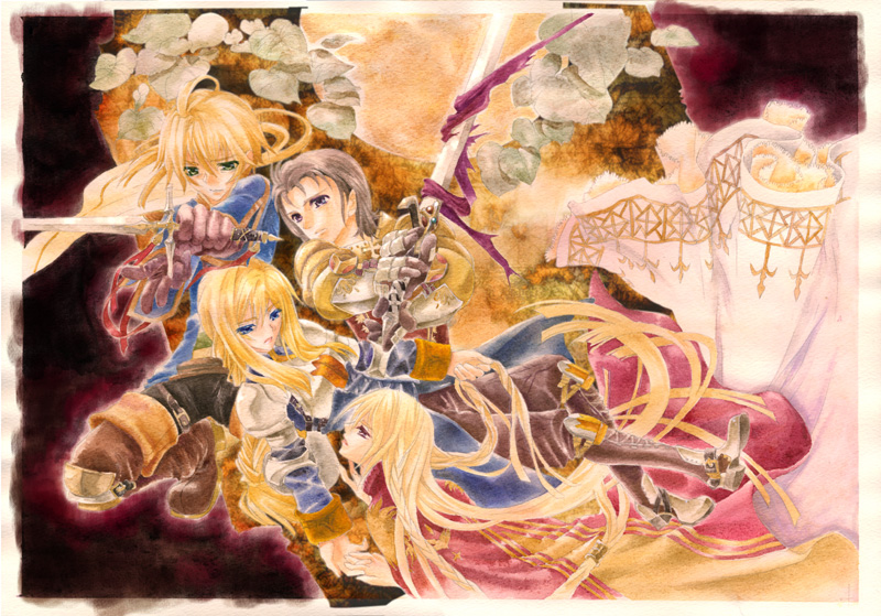 tooka, agrias oaks, delita heiral, ovelia atkascha, ramza beoulve, final fantasy, final fantasy tactics, bad id, bad pixiv id, 2girls, armor, blonde hair, blue eyes, braid, cape, knight, long hair, multiple girls, purple eyes, single braid, sword, weapon