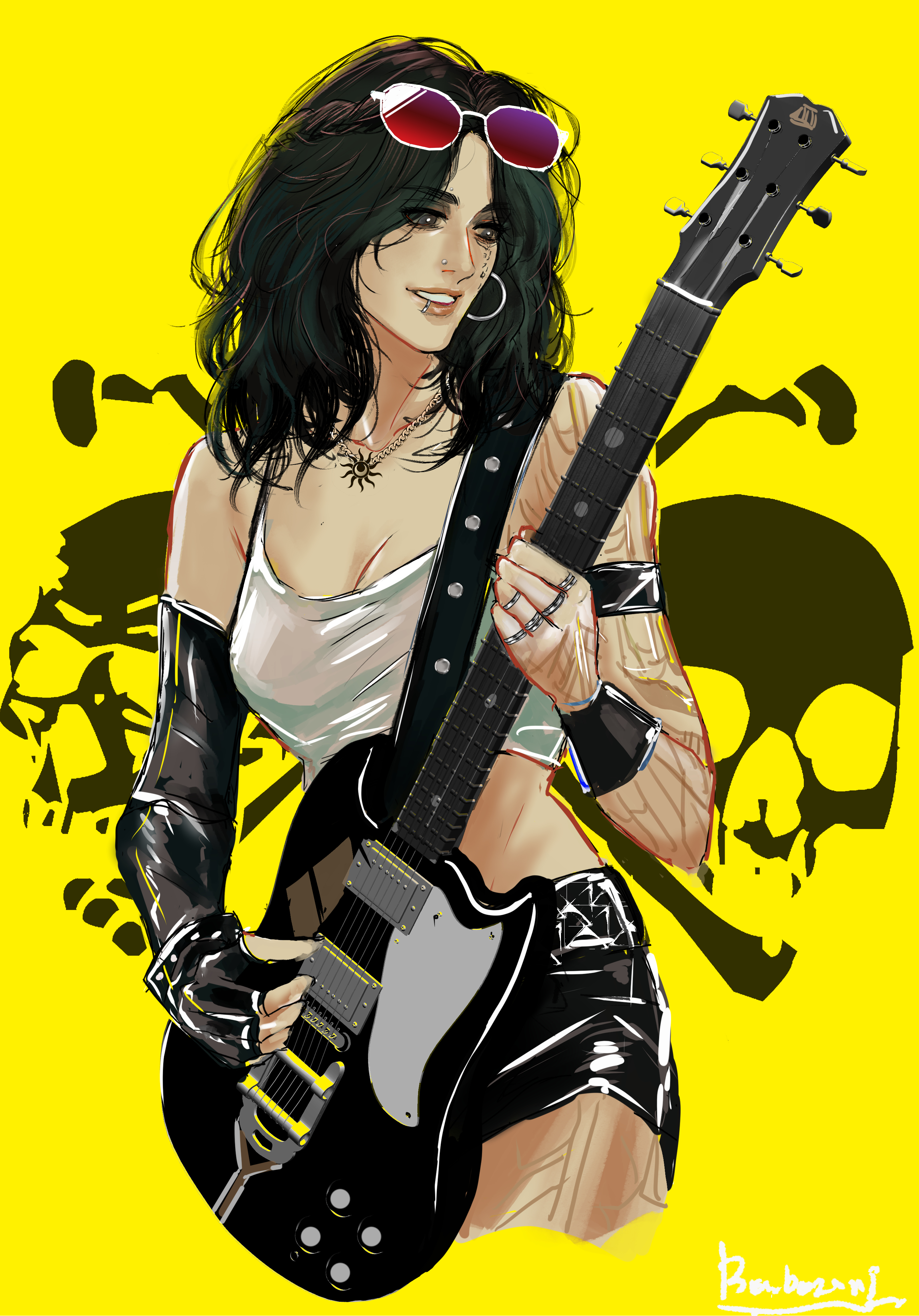 barbozari, lune (clair obscur: expedition 33), clair obscur: expedition 33, absurdres, highres, 1girl, alternate costume, arm tattoo, black eyes, black gloves, black hair, black shorts, braid, breasts, cleavage, contemporary, cowboy shot, crop top, cropped legs, earrings, elbow gloves, electric guitar, eyewear on head, face piercing, fingerless gloves, gloves, guitar, half up braid, holding, holding instrument, hoop earrings, instrument, jewelry, lip piercing, medium hair, necklace, piercing, ring, shirt, shorts, signature, single elbow glove, single glove, smile, solo, sunglasses, tattoo, white shirt, yellow background