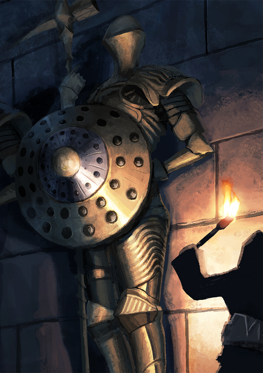 ginho, bearer of the curse, ruin sentinel, dark souls (series), dark souls ii, commentary request, highres, 1other, armor, black robe, breastplate, brick wall, fire, gauntlets, halberd, helmet, holding, holding torch, knight, pauldrons, polearm, robe, shield, shoulder armor, solo, torch, weapon