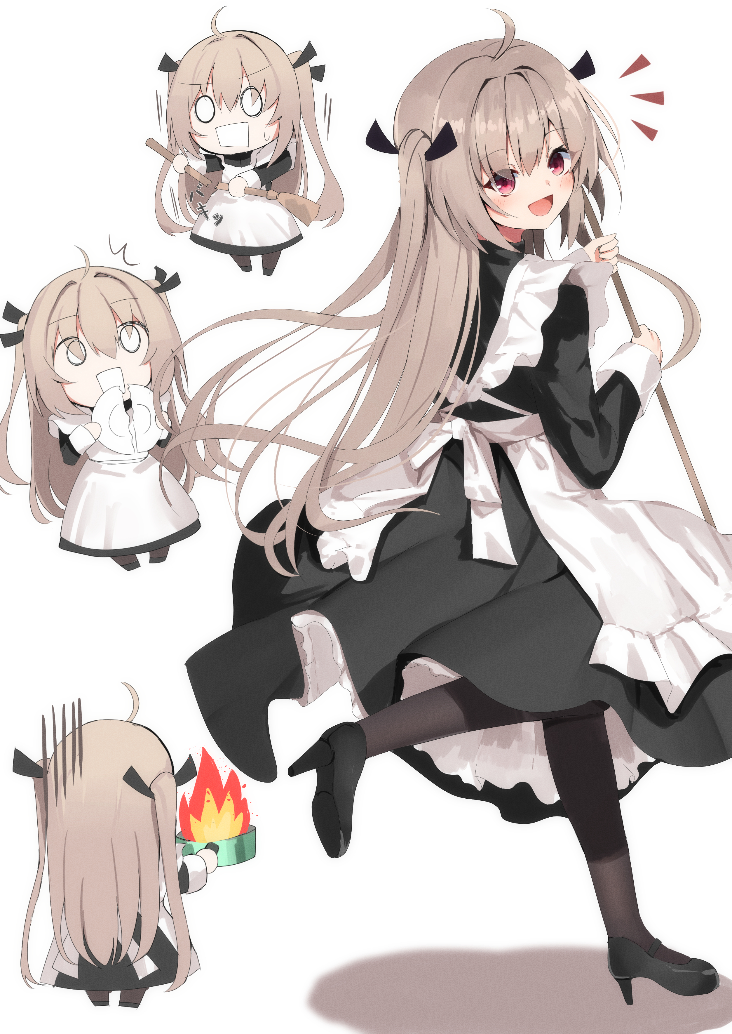 nodoameyatou, atri, atri-my dear moments-, absurdres, commentary, highres, 1girl, :d, ^^^, ahoge, alternate costume, apron, black dress, black pantyhose, black ribbon, black shoes, blush, broken plate, broom, brown hair, chibi, chibi inset, clumsy, dress, enmaided, eyes visible through hair, fire, floating hair, frilled apron, frills, from behind, frying pan, full body, hair between eyes, hair ribbon, happy, high heels, holding, holding broom, holding frying pan, holding plate, long hair, long sleeves, looking at viewer, looking back, maid, maid apron, multiple views, notice lines, o o, open mouth, pantyhose, plate, red eyes, ribbon, shoe soles, shoes, sidelocks, simple background, smile, sound effects, standing, standing on one leg, surprised, sweatdrop, two side up, v-shaped eyebrows, very long hair, white apron, white background