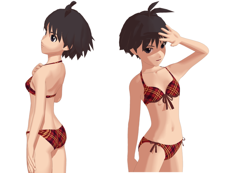 kama (pixiv70746), kikuchi makoto, idolmaster, idolmaster (classic), idolmaster 1, plaid, 00s, 1girl, 3d, antenna hair, ass, bare shoulders, bikini, black eyes, black hair, cowboy shot, female focus, midriff, multiple views, navel, shadow, side-tie bikini bottom, simple background, standing, swimsuit, white background