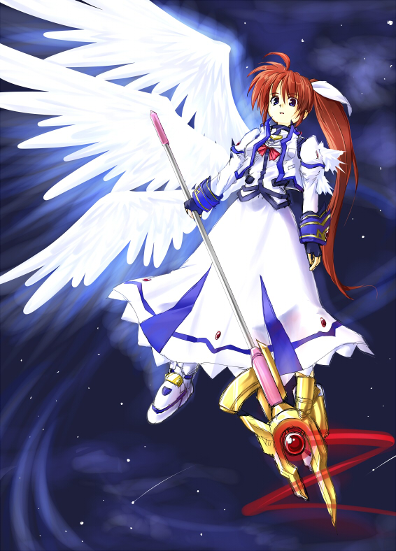 shinonome (marihani), raising heart, raising heart (buster mode), takamachi nanoha, takamachi nanoha (sacred mode), lyrical nanoha, mahou shoujo lyrical nanoha, 00s, 1girl, female focus, ponytail, side ponytail, solo, space, wings