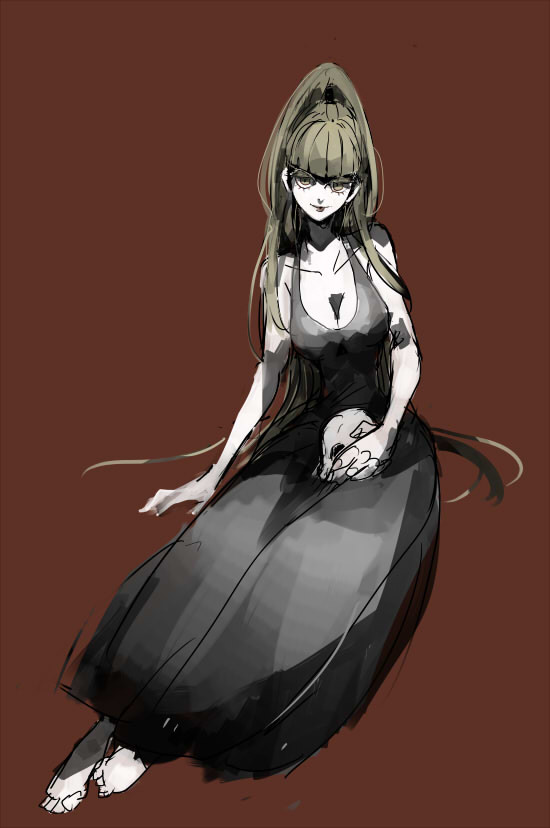 kmitty, stone trader chloanne, dark souls (series), dark souls ii, commentary request, 1girl, barefoot, between breasts, black dress, blunt bangs, breasts, brown background, brown eyes, brown hair, cleavage, closed mouth, dress, full body, high ponytail, holding, holding skull, long hair, looking at viewer, medium breasts, ponytail, simple background, sitting, skull, sleeveless, sleeveless dress, smile, solo