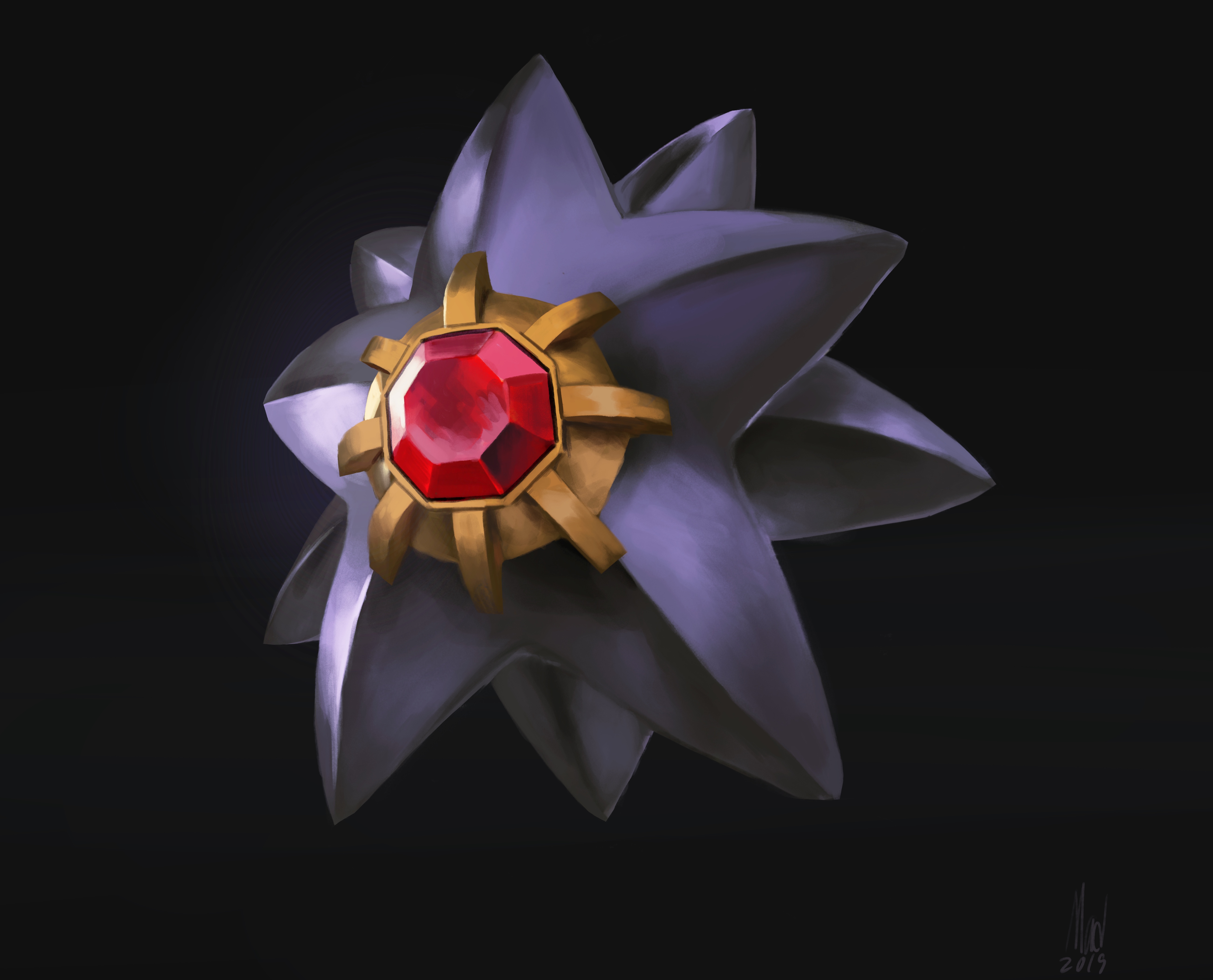 mad (artist), starmie, nintendo, pokemon, absurdres, highres, black background, dated, full body, gem, gen 1 pokemon, no humans, pokemon (creature), red gemstone, solo