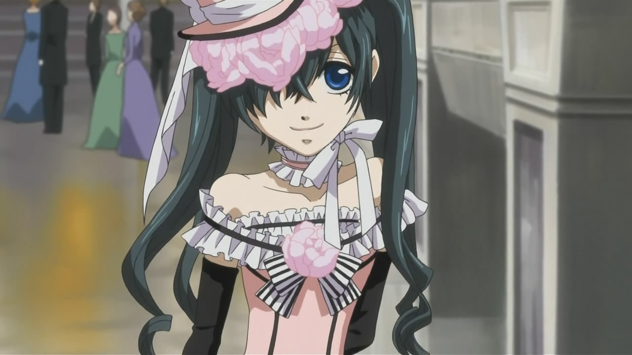 ciel phantomhive, ciel phantomhive (robin dress), kuroshitsuji, anime screenshot, 00s, 1boy, bare shoulders, blue eyes, blue hair, choker, collarbone, crossdressing, crossdressing (mtf), dress, flower, frills, gloves, gothic lolita, hair over one eye, hat, lolita fashion, male focus, matching hair/eyes, rose, smile, solo, trap, twintails