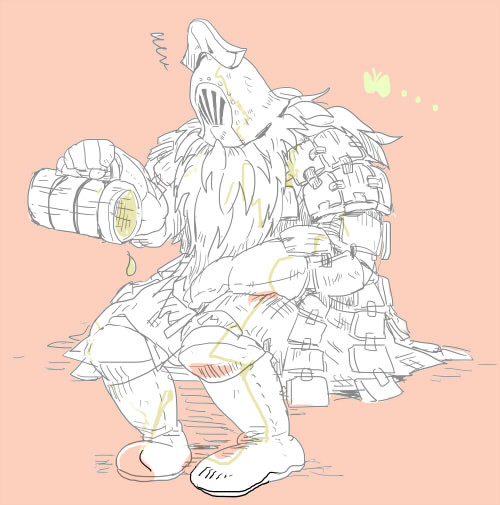 kmitty, lonesome gavlan, dark souls (series), dark souls ii, commentary request, 1boy, armor, armored boots, boots, cape, cup, faulds, full body, fur cape, greyscale with colored background, helmet, male focus, mug, pink background, simple background, sitting, solo